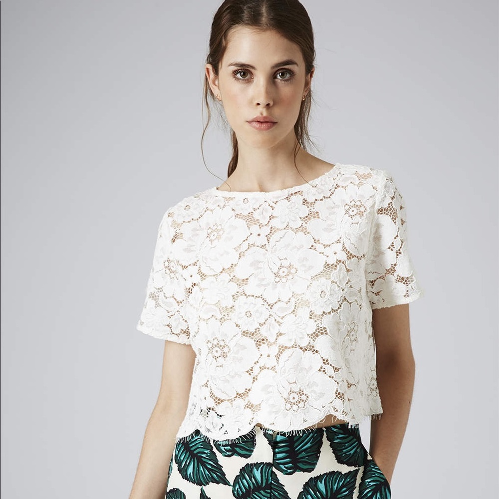 Topshop White Scallop Lace Crop Tee